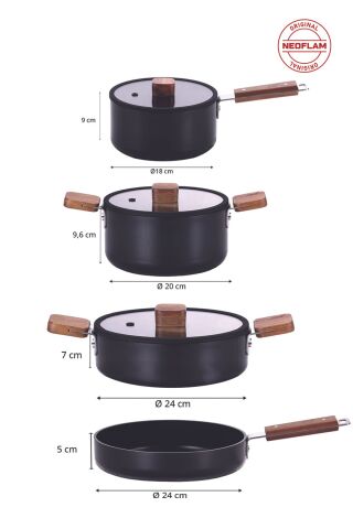 NEOFLAM Bien Black 7 Parça Indüksiyonlu Tencere Tava Seti, Akasya Ağacı Sap Ve Kulplu
