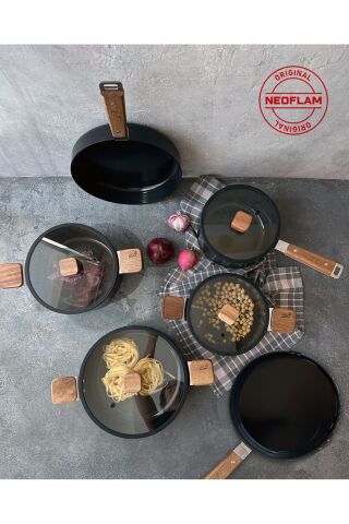 NEOFLAM Bien Black 10 Parça Indüksiyonlu Tencere Tava Seti Akasya Ağacı Sap Ve Kulplu