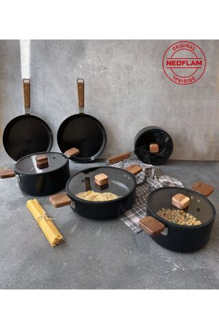 NEOFLAM Bien Black 10 Parça Indüksiyonlu Tencere Tava Seti Akasya Ağacı Sap Ve Kulplu